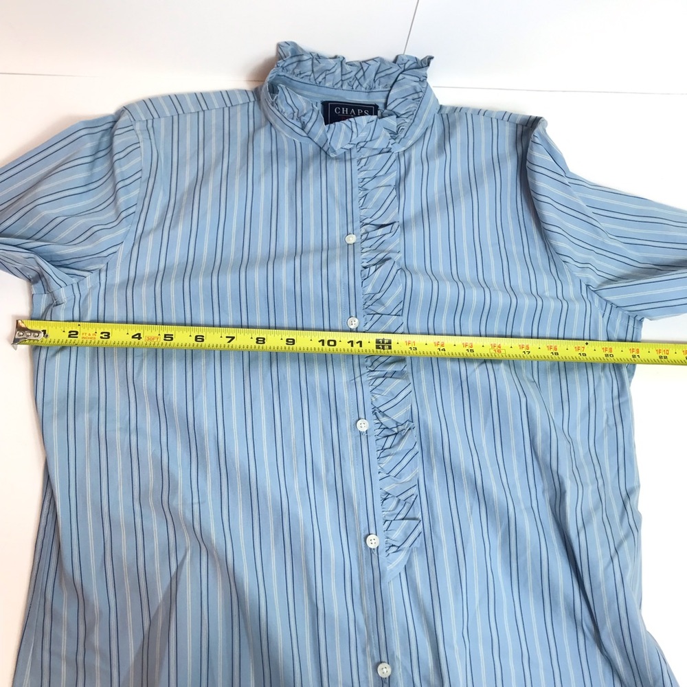 Chaps Light Blue Striped Ruffle Front Button Down Shirt - Picture 3 of 5